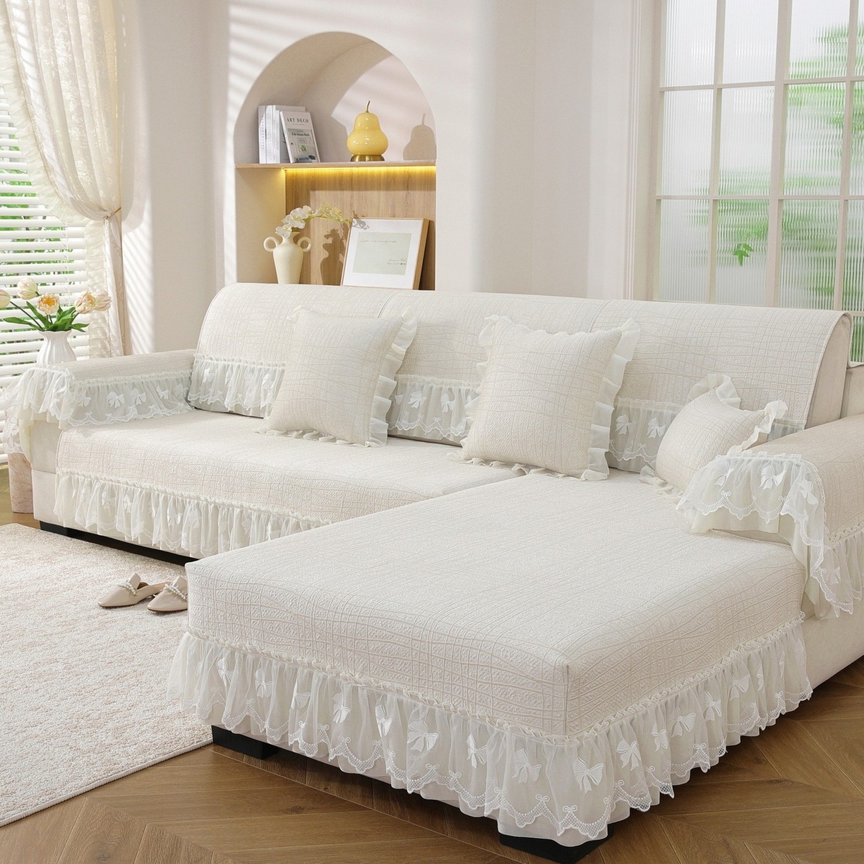 91家纺网 家纺一手货源 找家纺 共鸣沙发垫 2026新款冰豆条纹沙发垫系列 冰豆条纹米黄