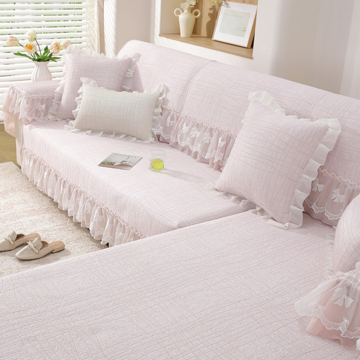 91家纺网 家纺一手货源 找家纺 共鸣沙发垫 2026新款冰豆条纹沙发垫系列 冰豆条纹粉色