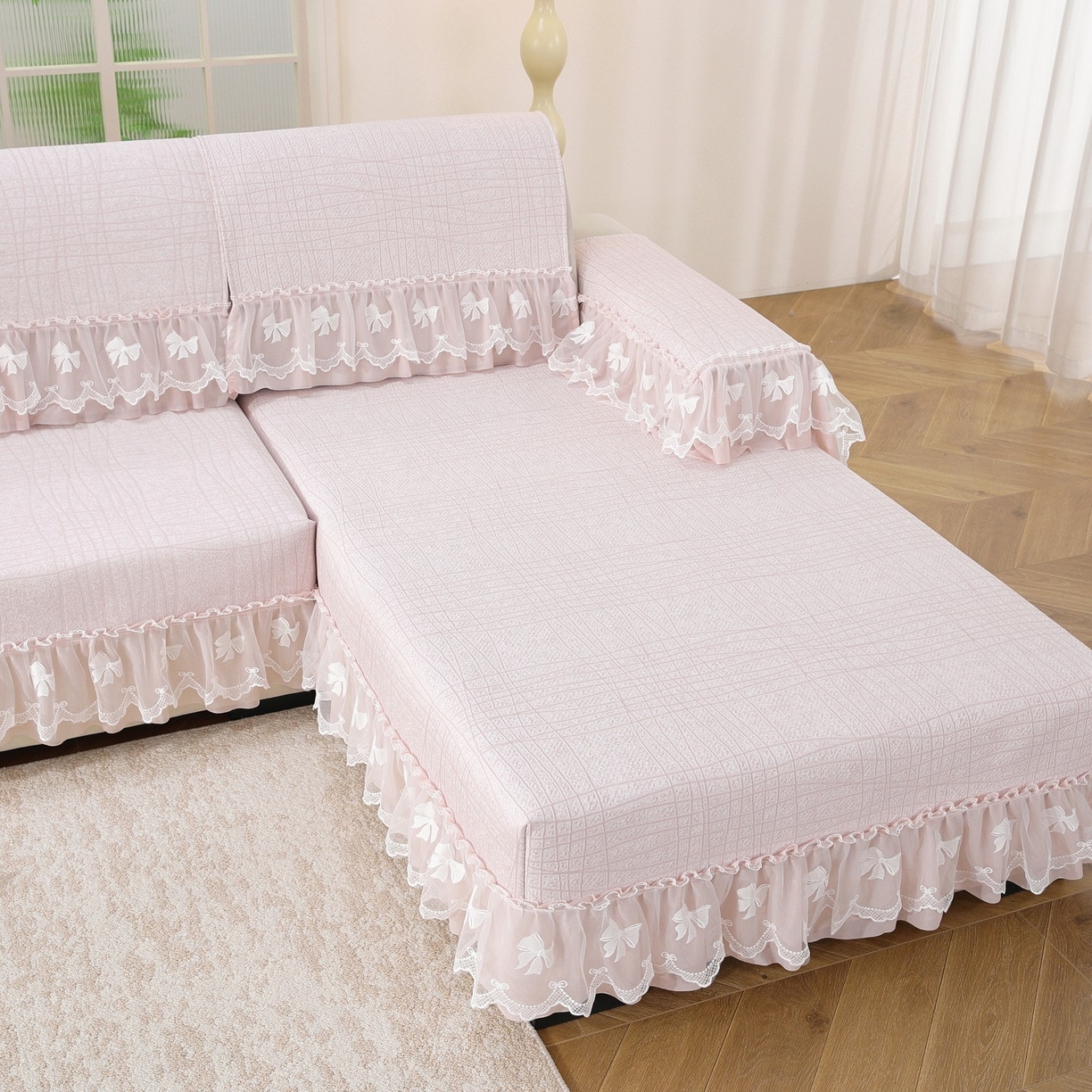 91家纺网 家纺一手货源 找家纺 共鸣沙发垫 2026新款冰豆条纹沙发垫系列 冰豆条纹粉色