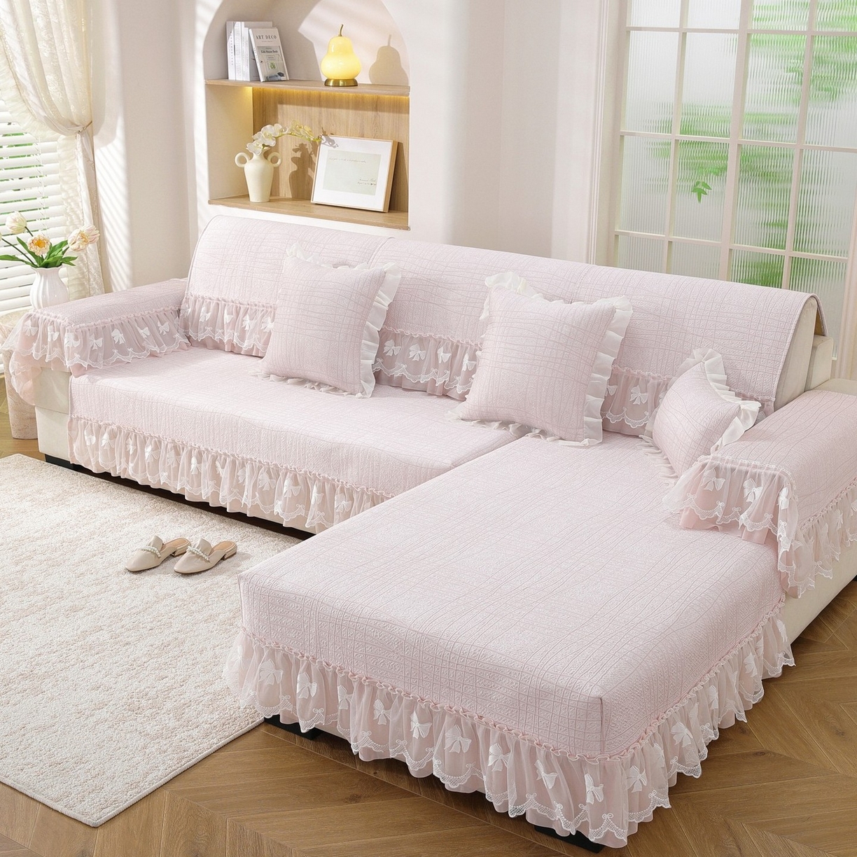 91家纺网 家纺一手货源 找家纺 共鸣沙发垫 2026新款冰豆条纹沙发垫系列 冰豆条纹粉色