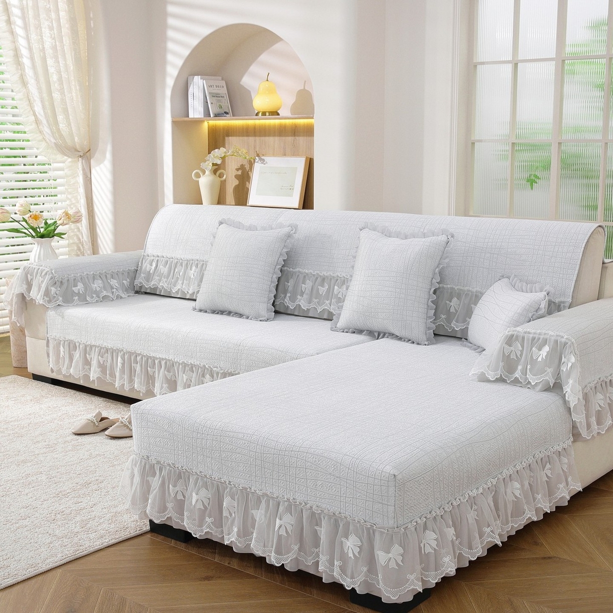 91家纺网 家纺一手货源 找家纺 共鸣沙发垫 2026新款冰豆条纹沙发垫系列 冰豆条纹灰色