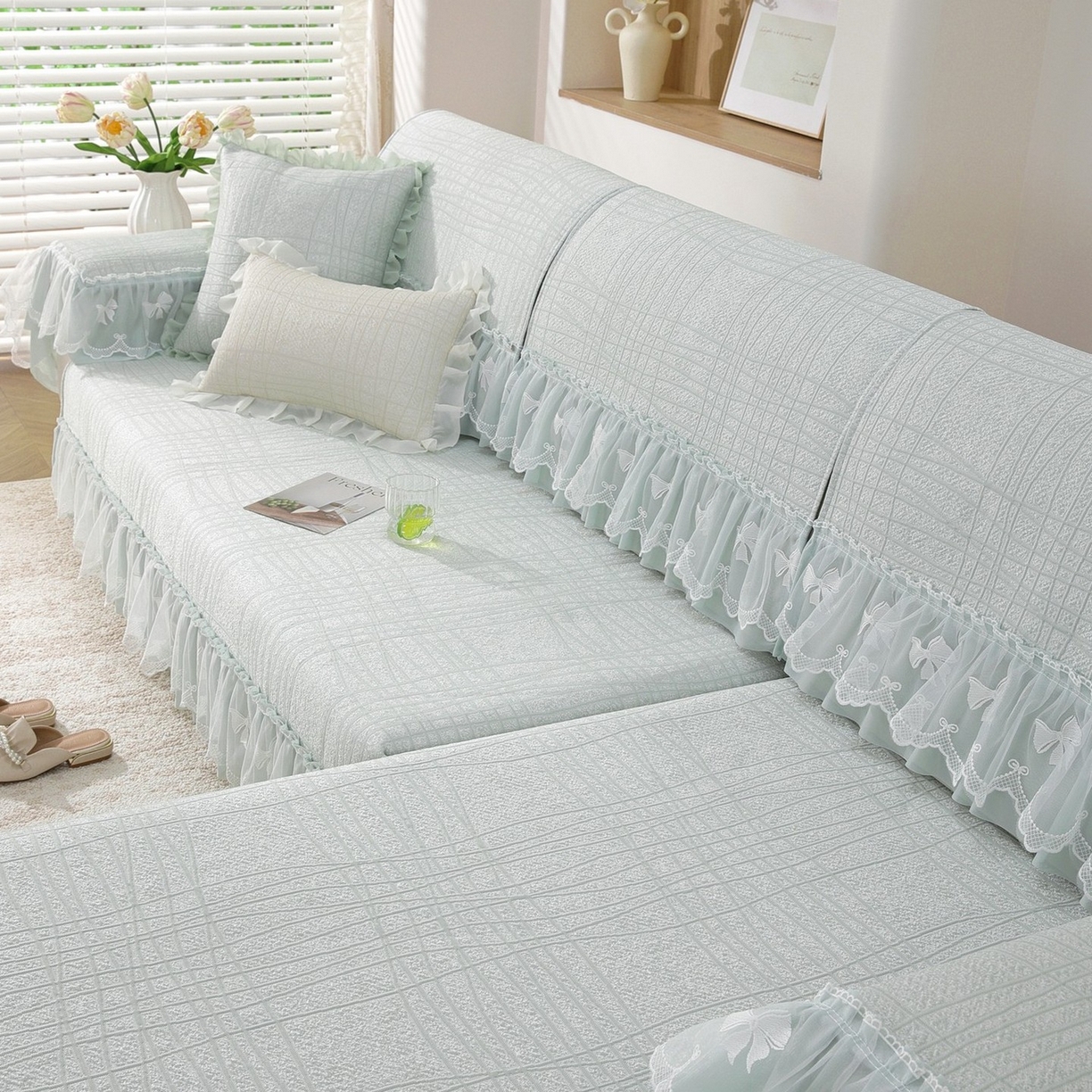 91家纺网 家纺一手货源 找家纺 共鸣沙发垫 2026新款冰豆条纹沙发垫系列 冰豆条纹绿色