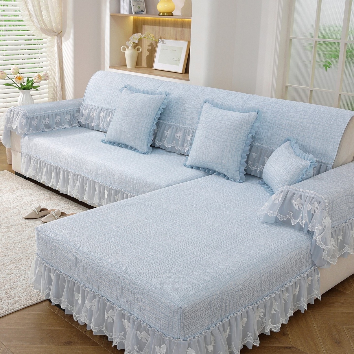 91家纺网 家纺一手货源 找家纺 共鸣沙发垫 2026新款冰豆条纹沙发垫系列 冰豆条纹蓝色