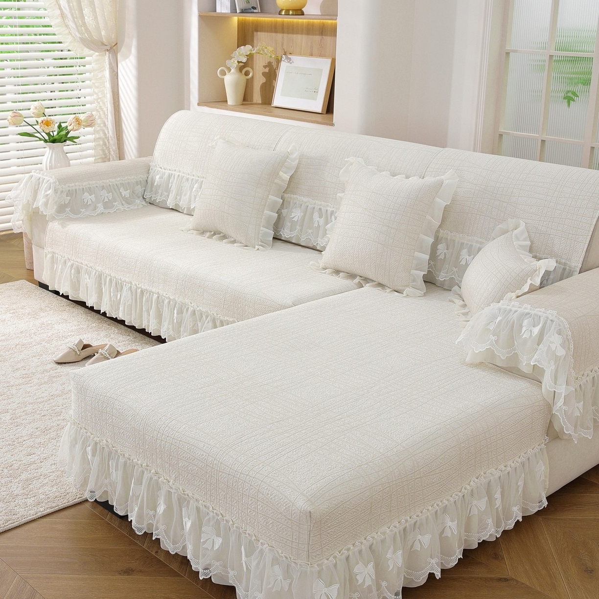 91家纺网 家纺一手货源 找家纺 共鸣沙发垫 2026新款冰豆条纹沙发垫系列 冰豆条纹米黄