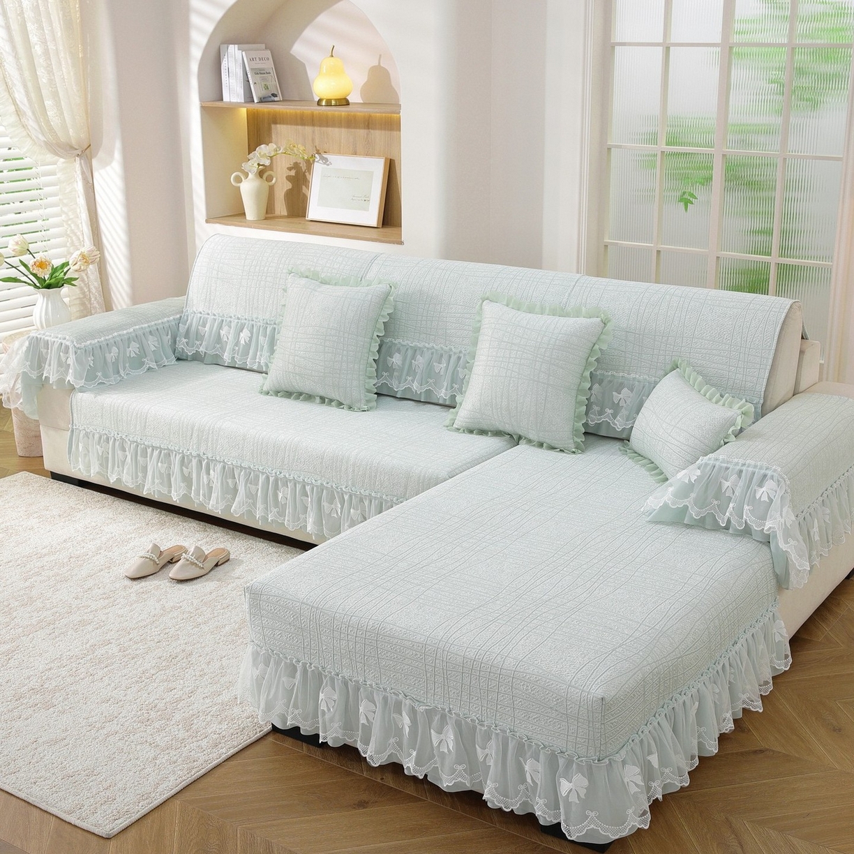 91家纺网 家纺一手货源 找家纺 共鸣沙发垫 2026新款冰豆条纹沙发垫系列 冰豆条纹绿色