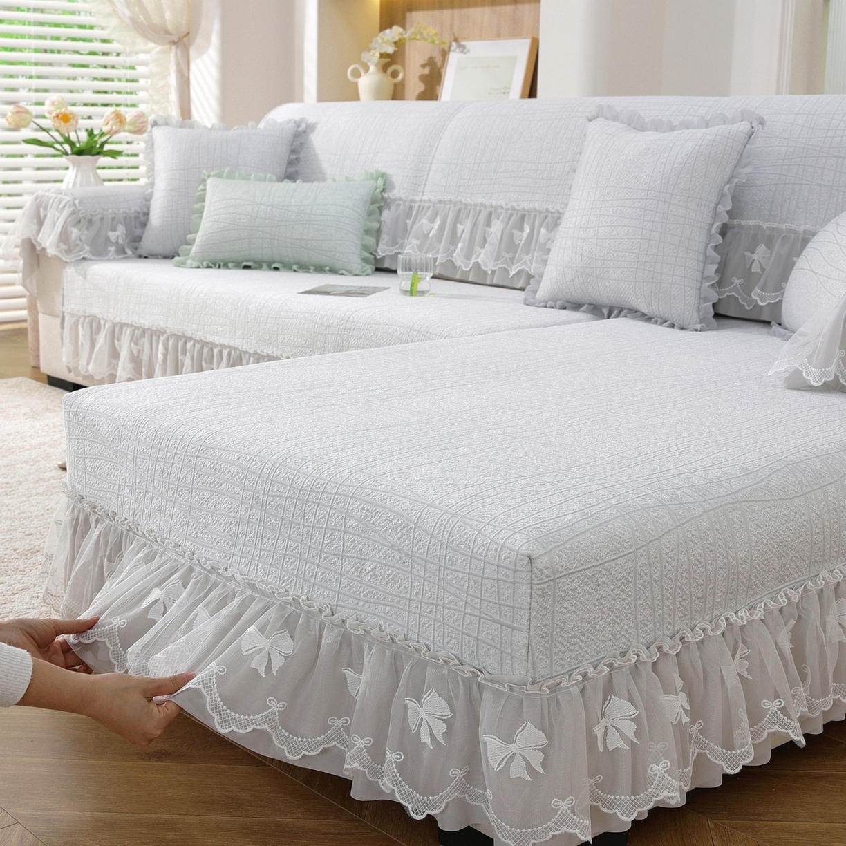 91家纺网 家纺一手货源 找家纺 共鸣沙发垫 2026新款冰豆条纹沙发垫系列 冰豆条纹灰色