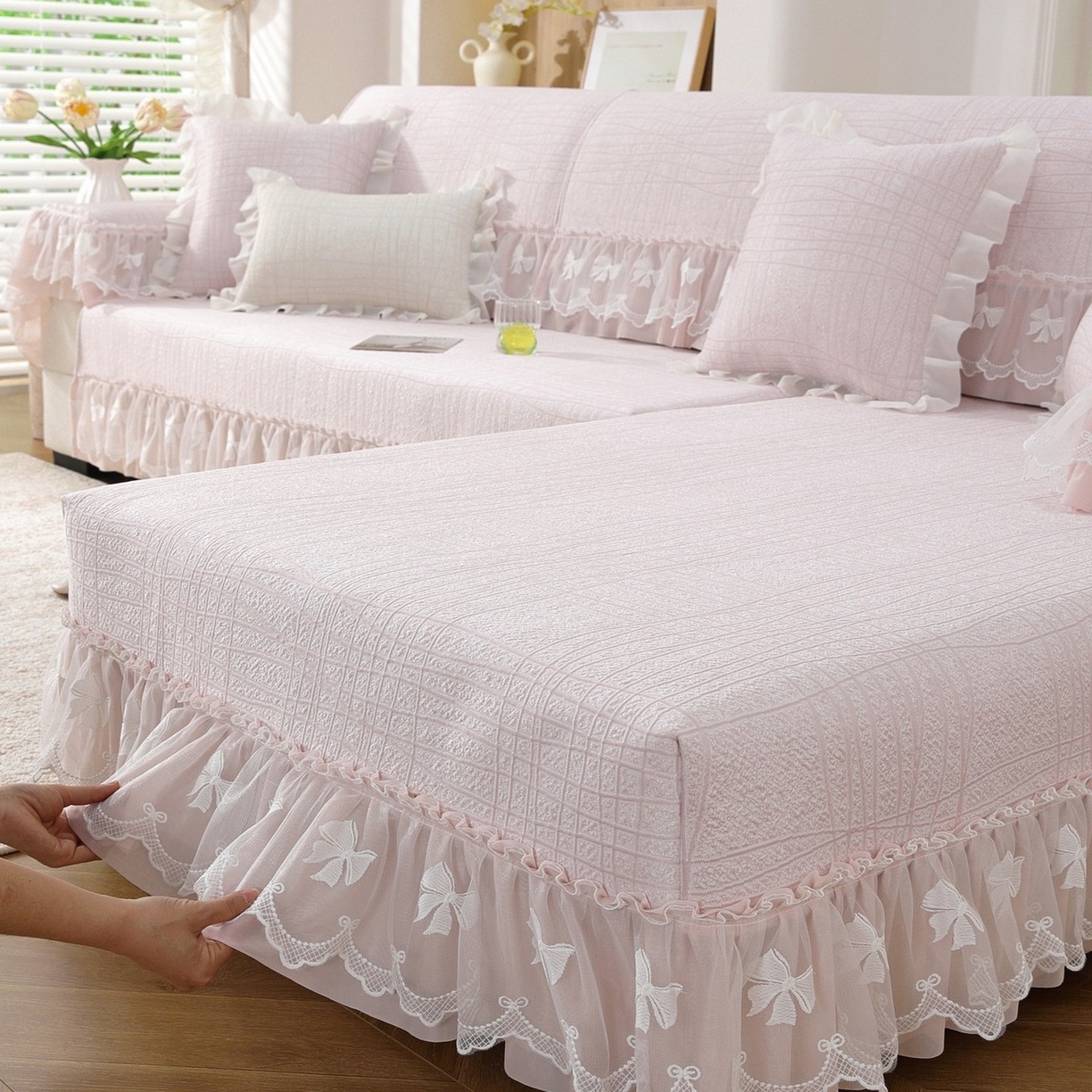 91家纺网 家纺一手货源 找家纺 共鸣沙发垫 2026新款冰豆条纹沙发垫系列 冰豆条纹粉色