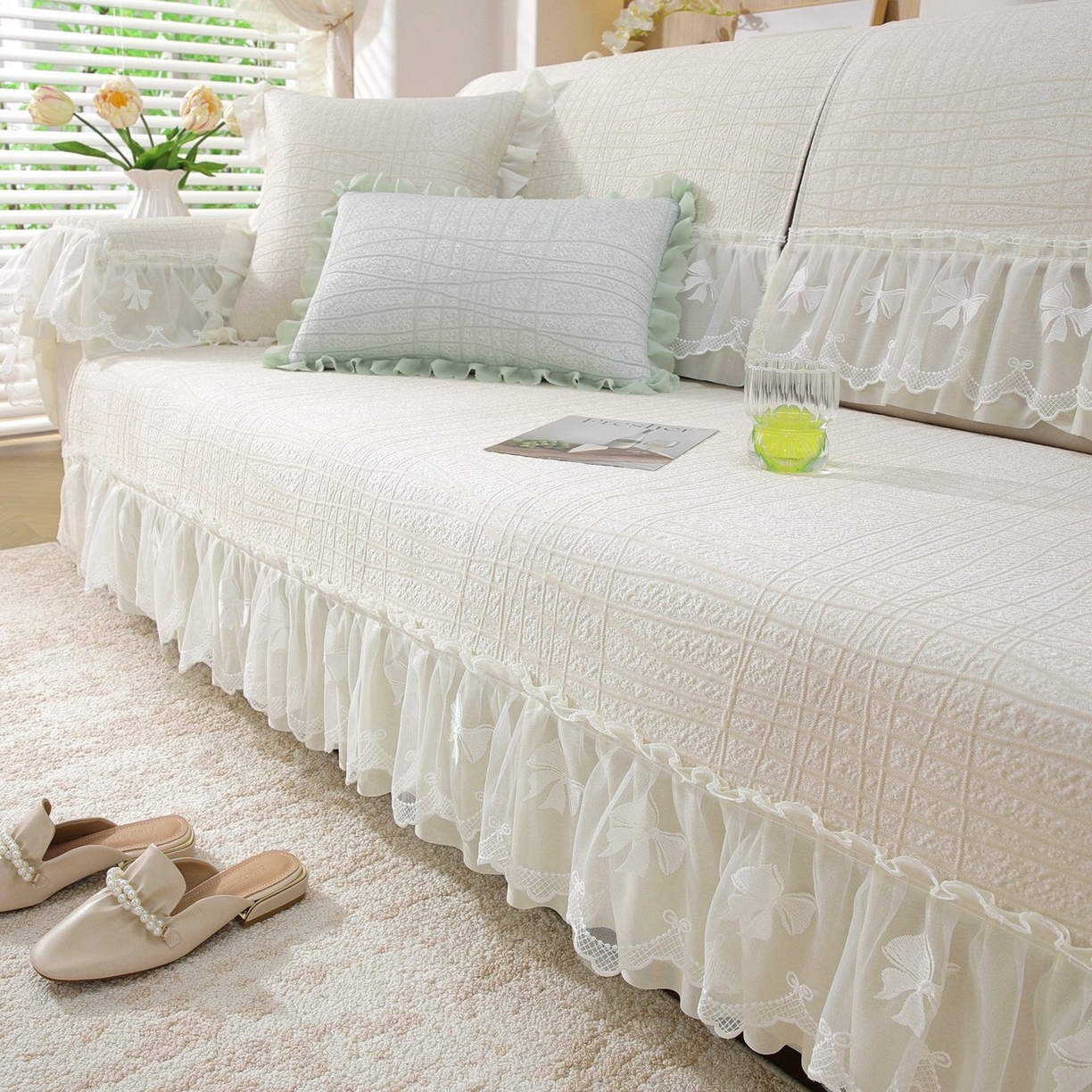 91家纺网 家纺一手货源 找家纺 共鸣沙发垫 2026新款冰豆条纹沙发垫系列 冰豆条纹米黄