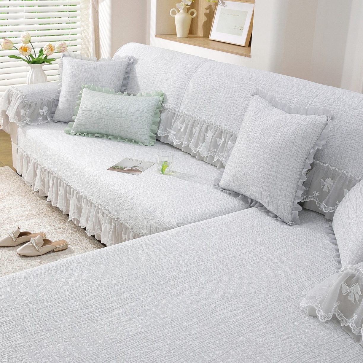 91家纺网 家纺一手货源 找家纺 共鸣沙发垫 2026新款冰豆条纹沙发垫系列 冰豆条纹灰色