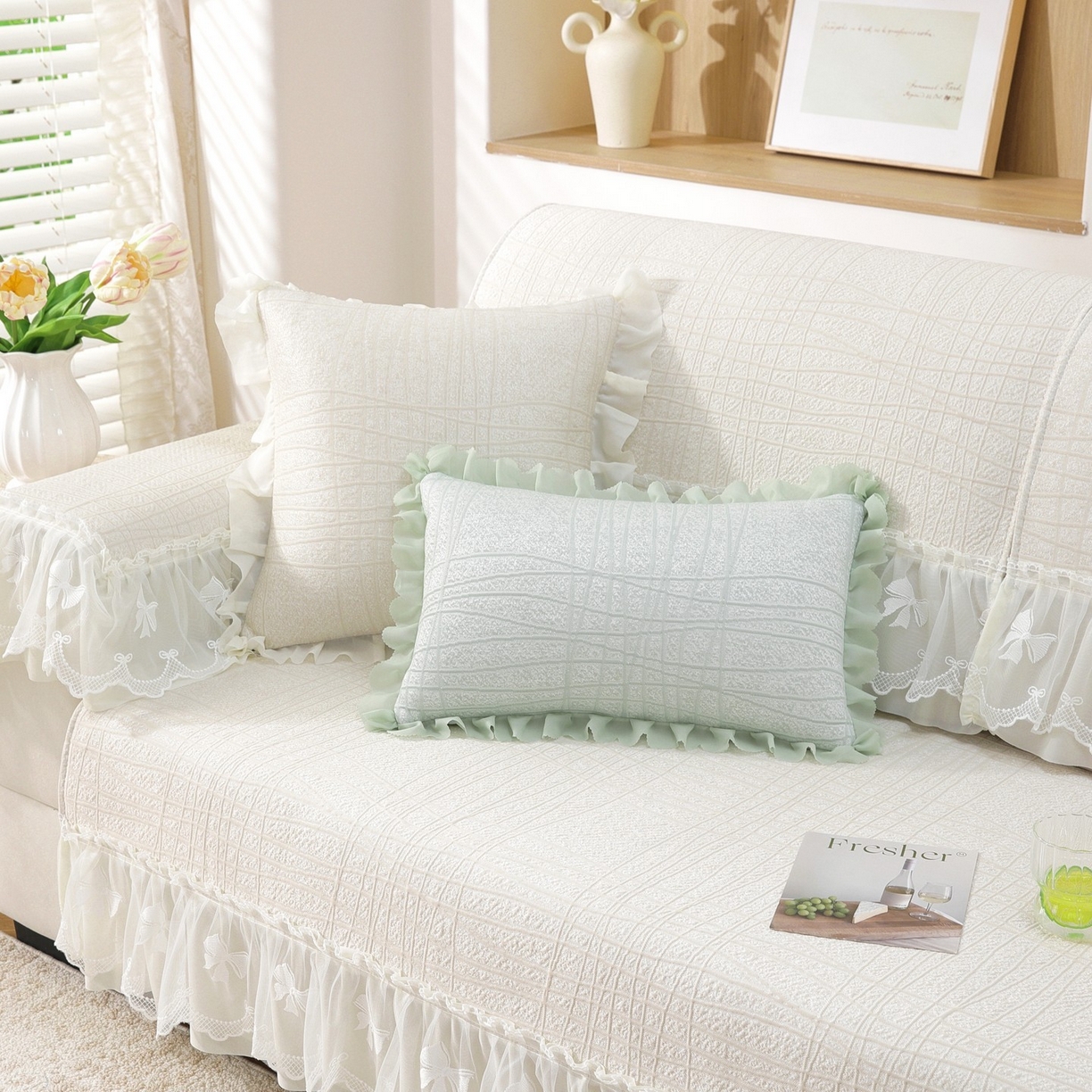 91家纺网 家纺一手货源 找家纺 共鸣沙发垫 2026新款冰豆条纹沙发垫系列 冰豆条纹米黄