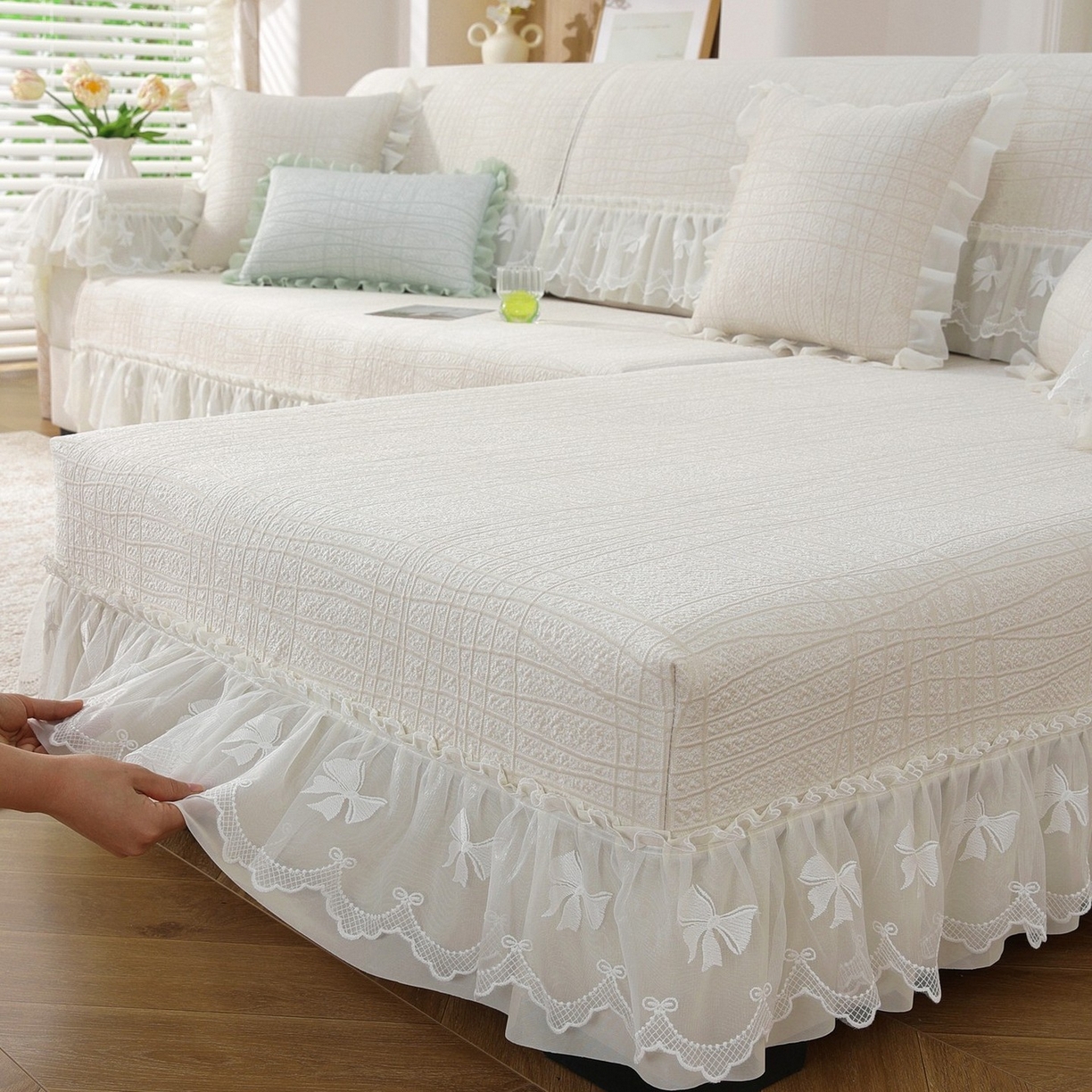 91家纺网 家纺一手货源 找家纺 共鸣沙发垫 2026新款冰豆条纹沙发垫系列 冰豆条纹米黄