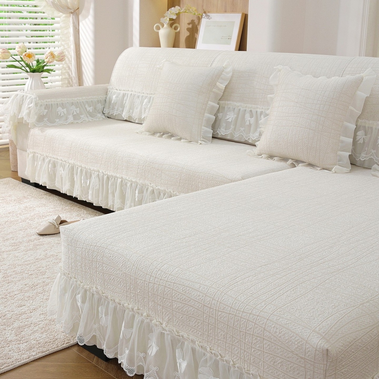 91家纺网 家纺一手货源 找家纺 共鸣沙发垫 2026新款冰豆条纹沙发垫系列 冰豆条纹米黄