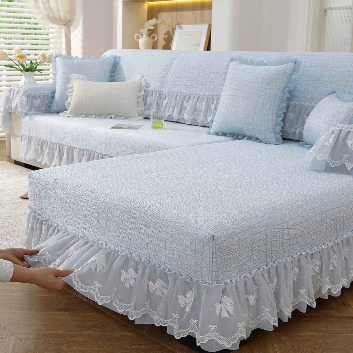 91家纺网 家纺一手货源 找家纺 共鸣沙发垫 2026新款冰豆条纹沙发垫系列 冰豆条纹蓝色