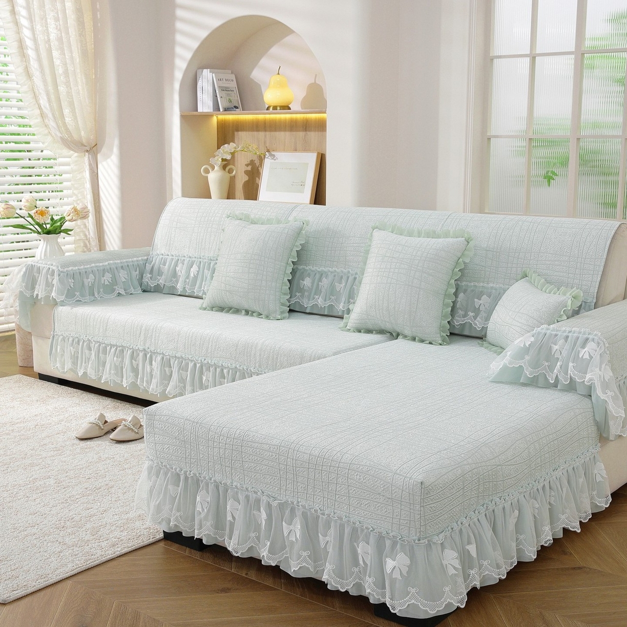 91家纺网 家纺一手货源 找家纺 共鸣沙发垫 2026新款冰豆条纹沙发垫系列 冰豆条纹绿色