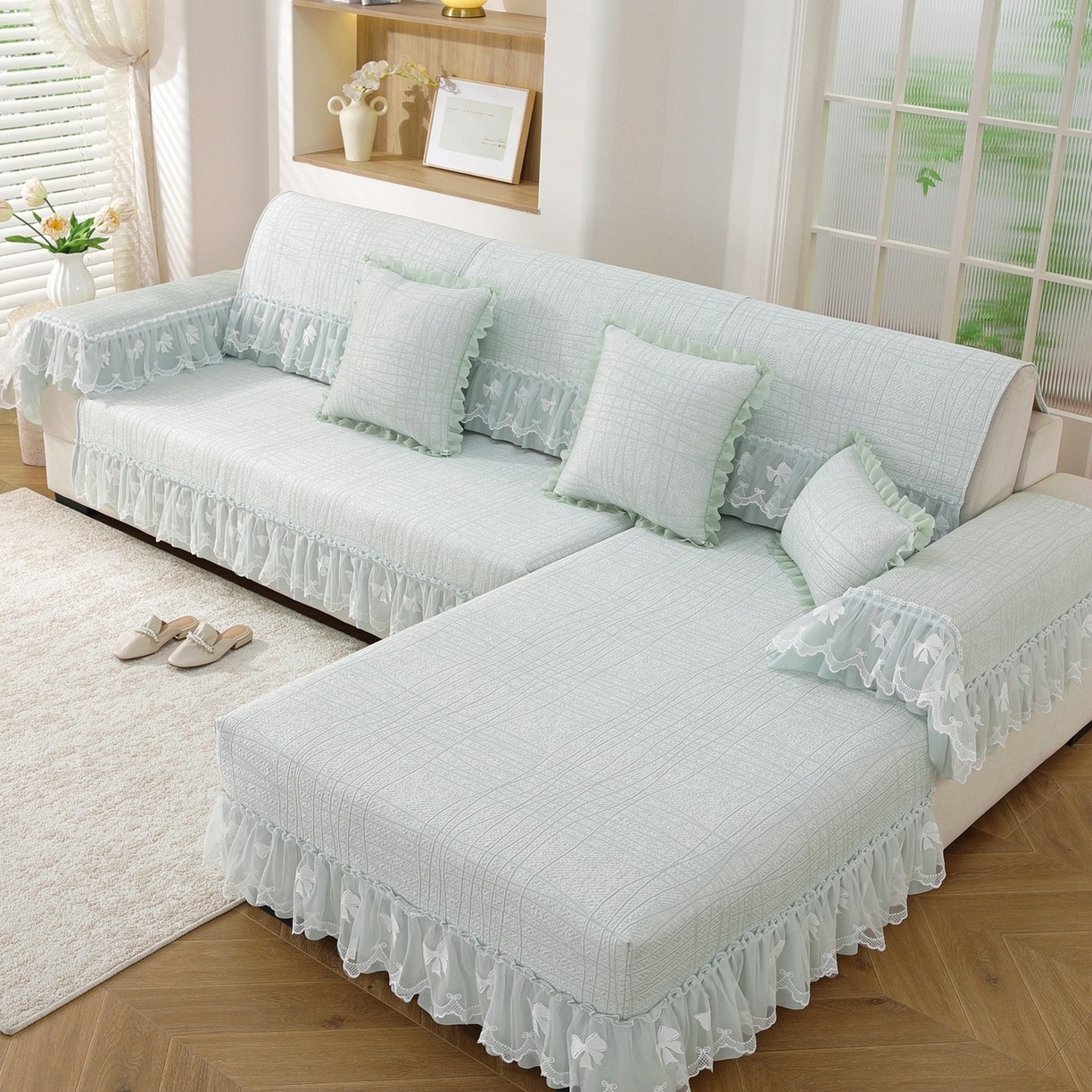 91家纺网 家纺一手货源 找家纺 共鸣沙发垫 2026新款冰豆条纹沙发垫系列 冰豆条纹绿色