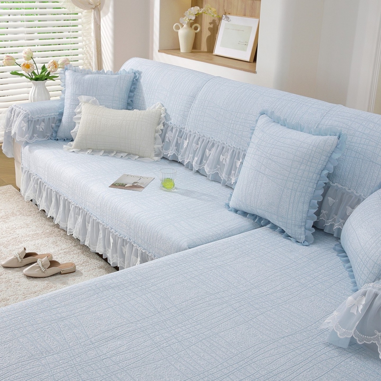 91家纺网 家纺一手货源 找家纺 共鸣沙发垫 2026新款冰豆条纹沙发垫系列 冰豆条纹蓝色