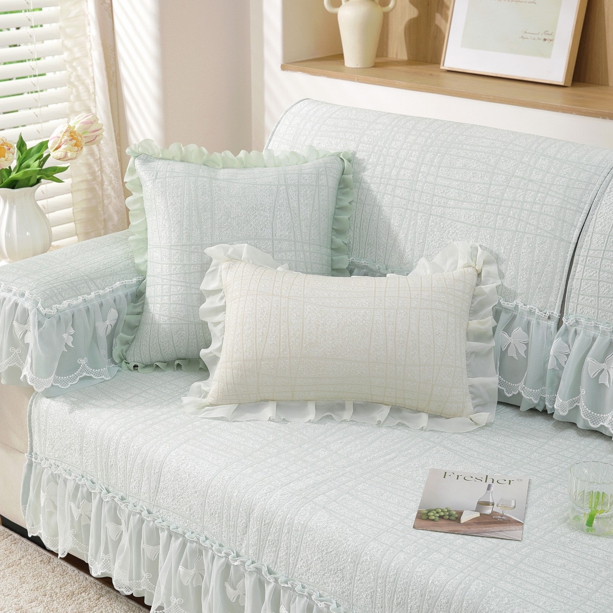 91家纺网 家纺一手货源 找家纺 共鸣沙发垫 2026新款冰豆条纹沙发垫系列 冰豆条纹绿色