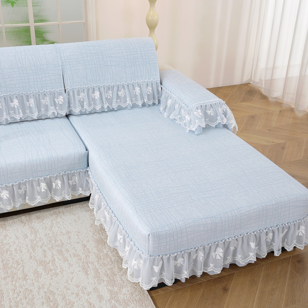 91家纺网 家纺一手货源 找家纺 共鸣沙发垫 2026新款冰豆条纹沙发垫系列 冰豆条纹蓝色