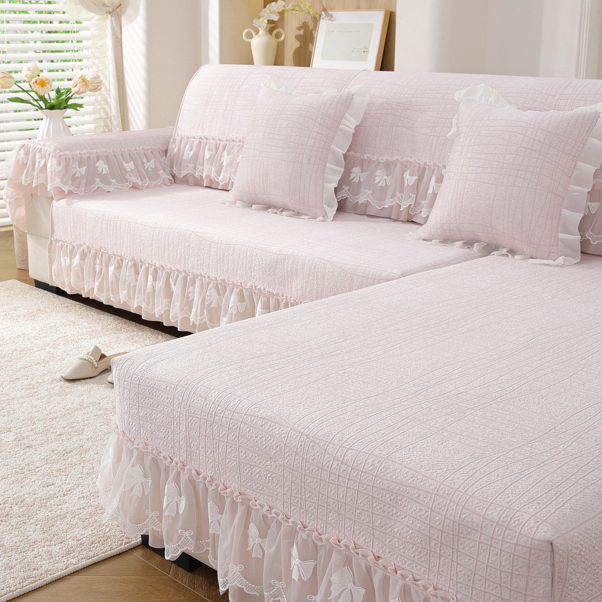 91家纺网 家纺一手货源 找家纺 共鸣沙发垫 2026新款冰豆条纹沙发垫系列 冰豆条纹粉色