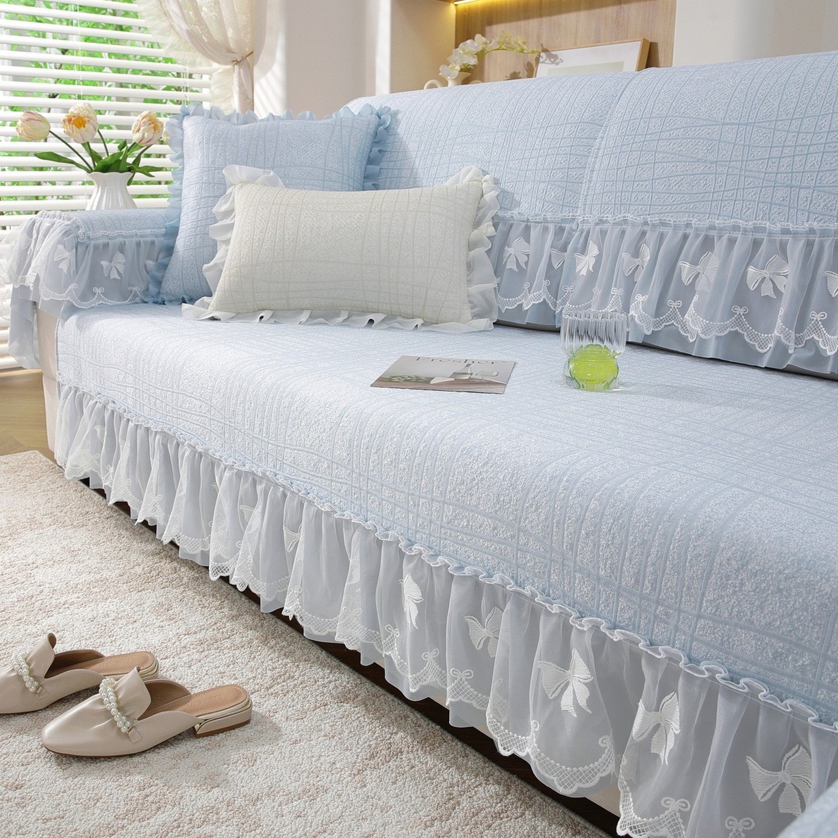 91家纺网 家纺一手货源 找家纺 共鸣沙发垫 2026新款冰豆条纹沙发垫系列 冰豆条纹蓝色