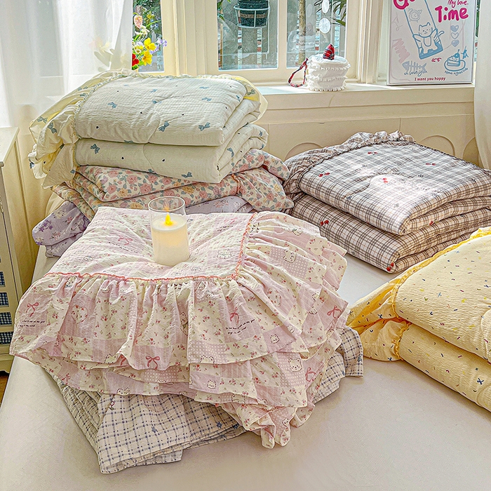 91家纺网 家纺一手货源 找家纺 （总）一比一家纺 2026春夏新款法式大花边木棉皱皱纱夏被夏凉被空调被四件套