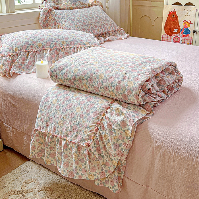 91家纺网 家纺一手货源 找家纺 （总）一比一家纺 2026春夏新款法式大花边木棉皱皱纱夏被夏凉被空调被四件套