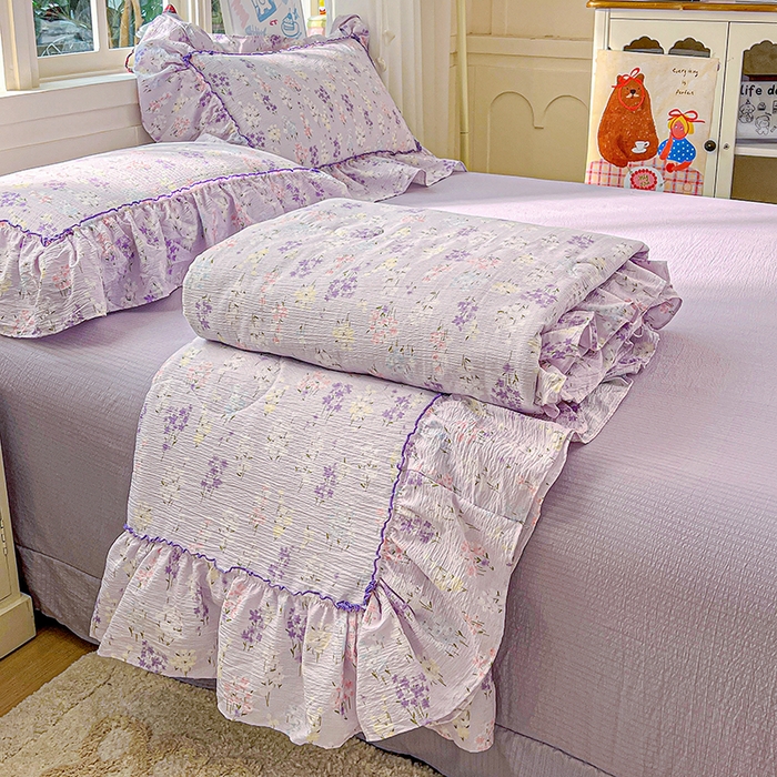 一比一家纺 2026春夏新款法式大花边木棉皱皱纱夏被夏凉被空调被四件套 花束