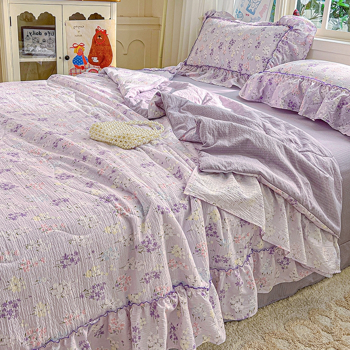 91家纺网 家纺一手货源 找家纺 一比一家纺 2026春夏新款法式大花边木棉皱皱纱夏被夏凉被空调被四件套 花束