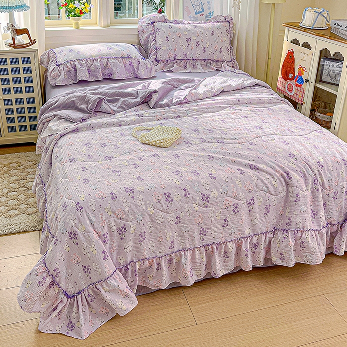 91家纺网 家纺一手货源 找家纺 一比一家纺 2026春夏新款法式大花边木棉皱皱纱夏被夏凉被空调被四件套 花束