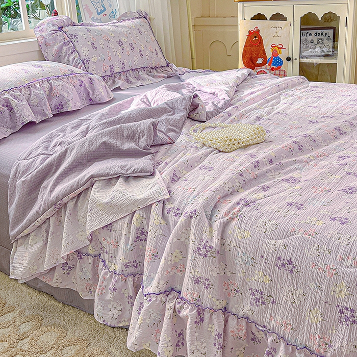 91家纺网 家纺一手货源 找家纺 一比一家纺 2026春夏新款法式大花边木棉皱皱纱夏被夏凉被空调被四件套 花束