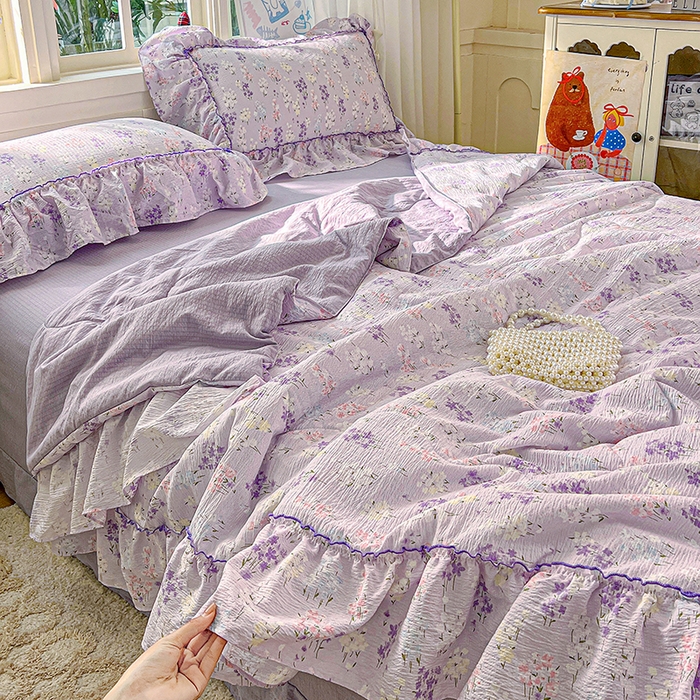 91家纺网 家纺一手货源 找家纺 一比一家纺 2026春夏新款法式大花边木棉皱皱纱夏被夏凉被空调被四件套 花束