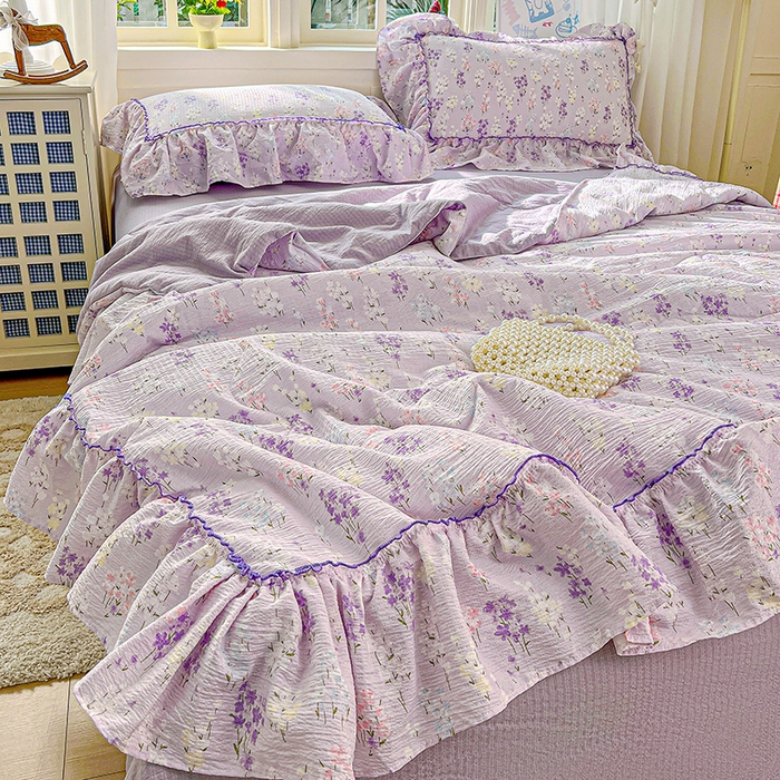 91家纺网 家纺一手货源 找家纺 一比一家纺 2026春夏新款法式大花边木棉皱皱纱夏被夏凉被空调被四件套 花束