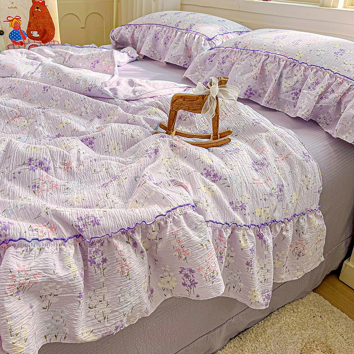 91家纺网 家纺一手货源 找家纺 一比一家纺 2026春夏新款法式大花边木棉皱皱纱夏被夏凉被空调被四件套 花束