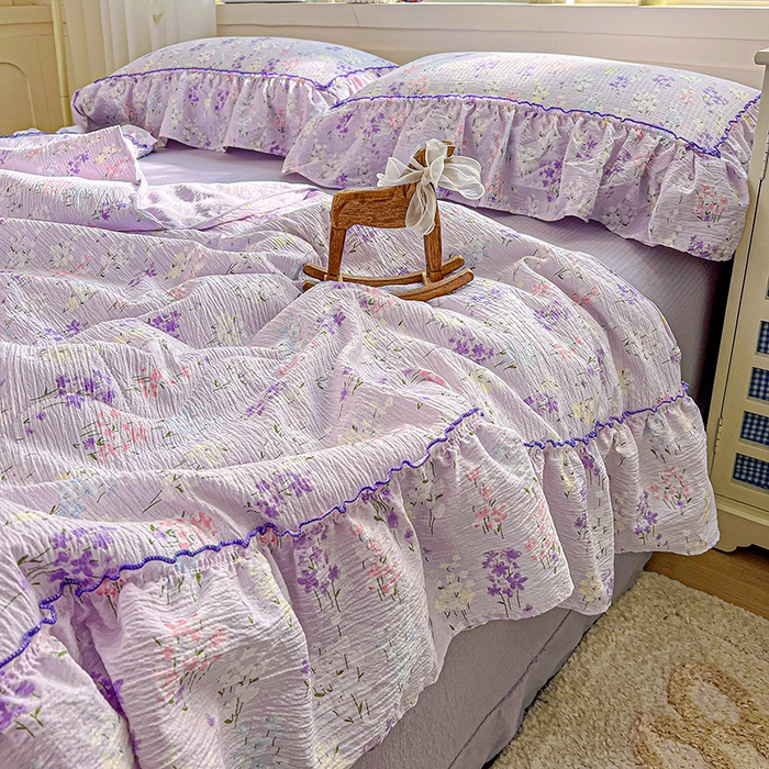 91家纺网 家纺一手货源 找家纺 一比一家纺 2026春夏新款法式大花边木棉皱皱纱夏被夏凉被空调被四件套 花束