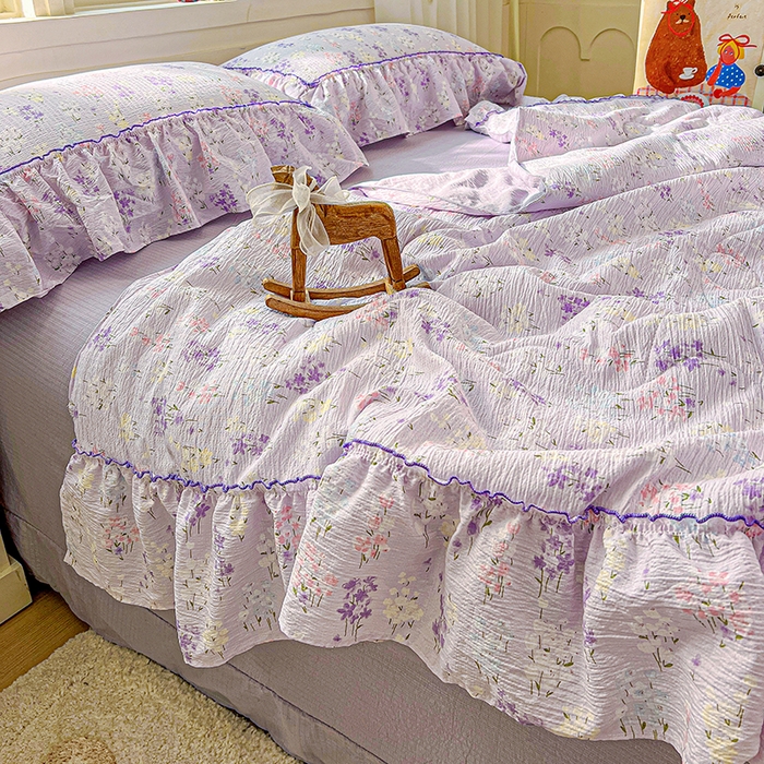 91家纺网 家纺一手货源 找家纺 一比一家纺 2026春夏新款法式大花边木棉皱皱纱夏被夏凉被空调被四件套 花束