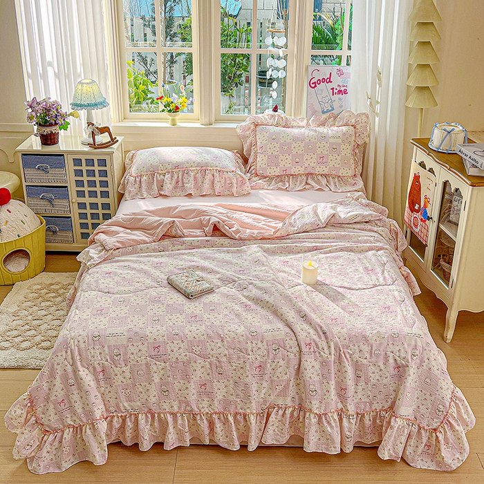 91家纺网 家纺一手货源 找家纺 一比一家纺 2026春夏新款法式大花边木棉皱皱纱夏被夏凉被空调被四件套 时梦