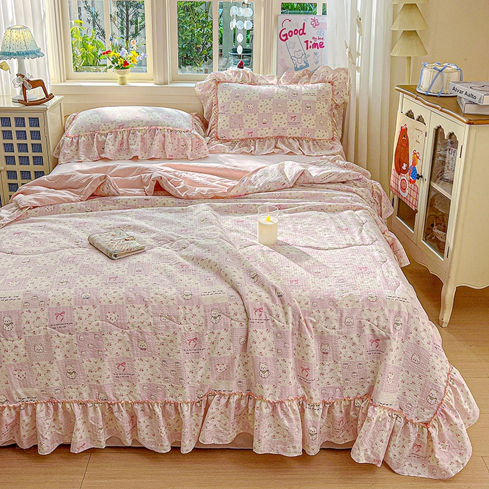 91家纺网 家纺一手货源 找家纺 一比一家纺 2026春夏新款法式大花边木棉皱皱纱夏被夏凉被空调被四件套 时梦