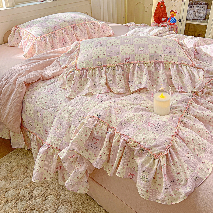 91家纺网 家纺一手货源 找家纺 一比一家纺 2026春夏新款法式大花边木棉皱皱纱夏被夏凉被空调被四件套 时梦