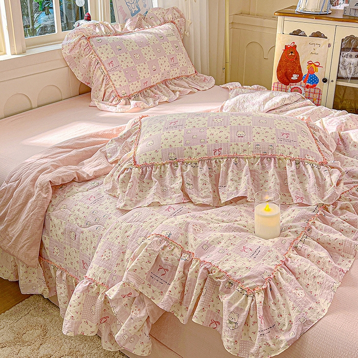 91家纺网 家纺一手货源 找家纺 一比一家纺 2026春夏新款法式大花边木棉皱皱纱夏被夏凉被空调被四件套 时梦