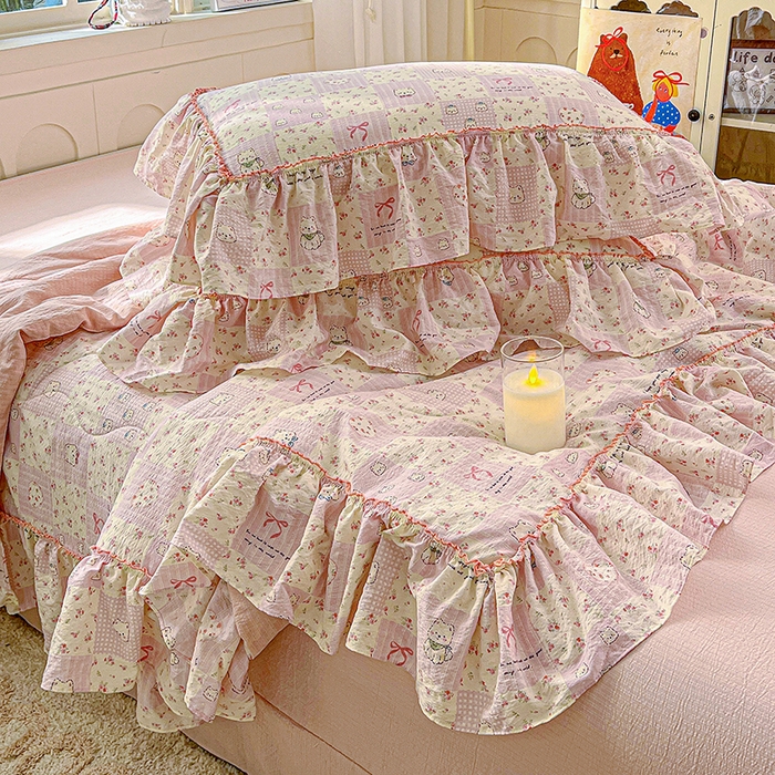 91家纺网 家纺一手货源 找家纺 一比一家纺 2026春夏新款法式大花边木棉皱皱纱夏被夏凉被空调被四件套 时梦