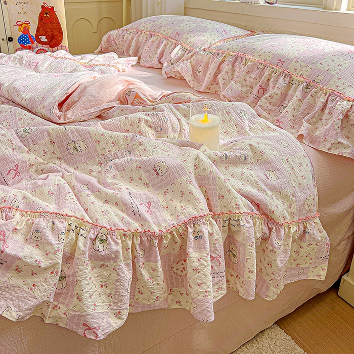 91家纺网 家纺一手货源 找家纺 一比一家纺 2026春夏新款法式大花边木棉皱皱纱夏被夏凉被空调被四件套 时梦