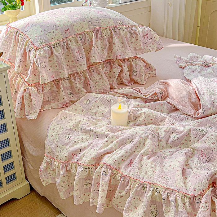 91家纺网 家纺一手货源 找家纺 一比一家纺 2026春夏新款法式大花边木棉皱皱纱夏被夏凉被空调被四件套 时梦