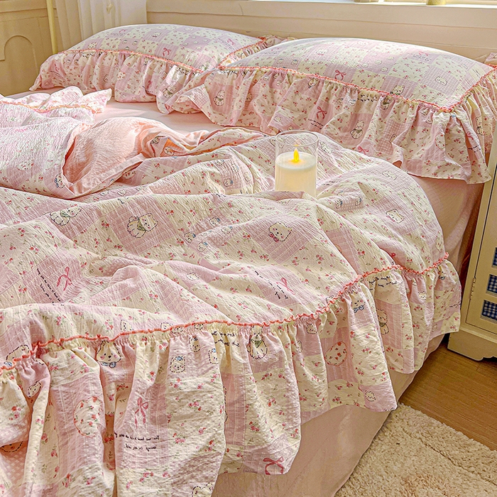 91家纺网 家纺一手货源 找家纺 一比一家纺 2026春夏新款法式大花边木棉皱皱纱夏被夏凉被空调被四件套 时梦