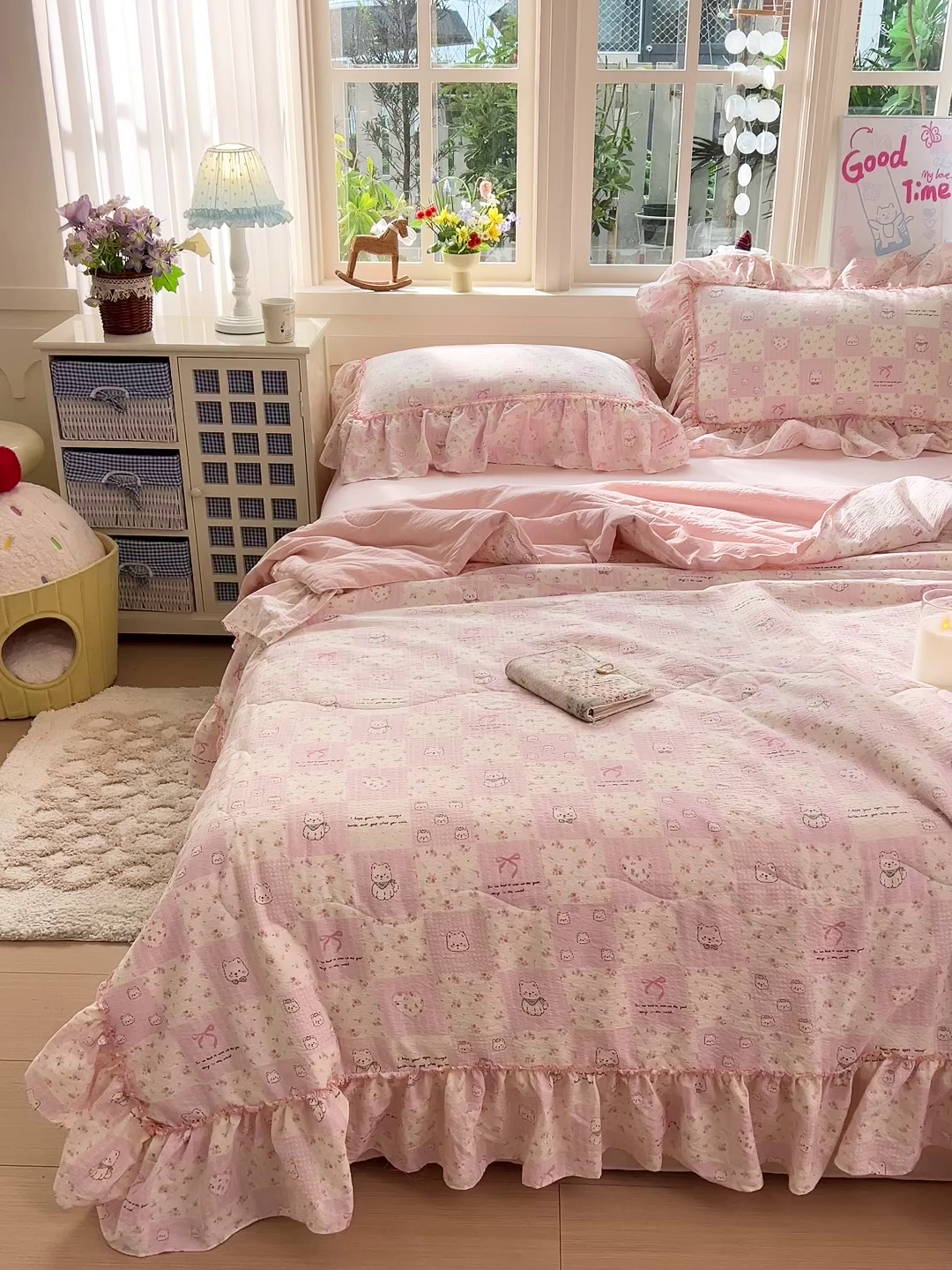 91家纺网 家纺一手货源 找家纺 一比一家纺 2026春夏新款法式大花边木棉皱皱纱夏被夏凉被空调被四件套 时梦