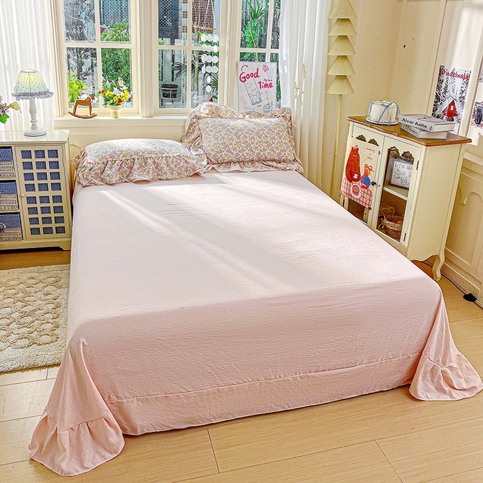 91家纺网 家纺一手货源 找家纺 一比一家纺 2026春夏新款法式大花边木棉皱皱纱夏被夏凉被空调被四件套 桃花朵朵