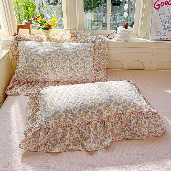 91家纺网 家纺一手货源 找家纺 一比一家纺 2026春夏新款法式大花边木棉皱皱纱夏被夏凉被空调被四件套 桃花朵朵