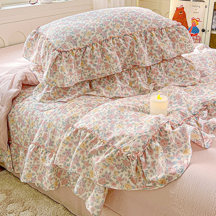 91家纺网 家纺一手货源 找家纺 一比一家纺 2026春夏新款法式大花边木棉皱皱纱夏被夏凉被空调被四件套 桃花朵朵