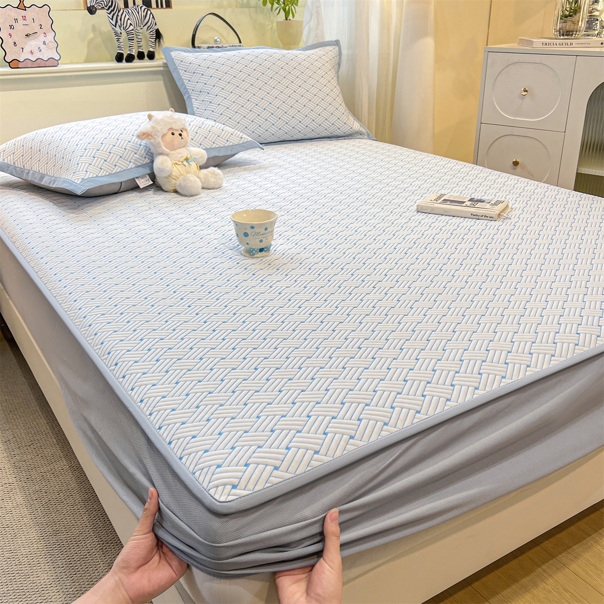 91家纺网 家纺一手货源 找家纺 （总）源舍家纺 2026新款外贸爆款饼干花韩国豆豆A类凉席可机洗床席床笠款（风格二）