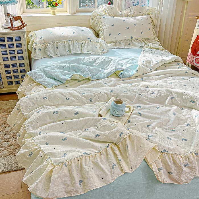 91家纺网 家纺一手货源 找家纺 一比一家纺 2026春夏新款法式大花边木棉皱皱纱夏被夏凉被空调被四件套 夏沫