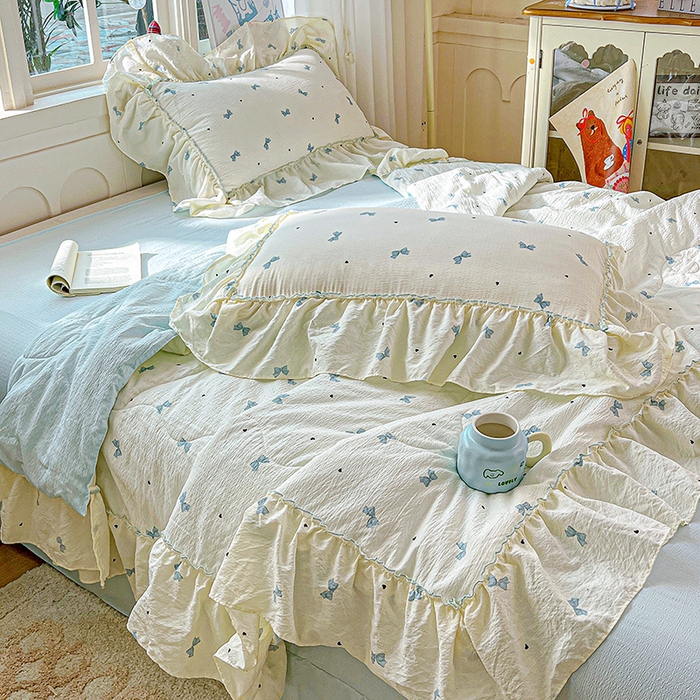 91家纺网 家纺一手货源 找家纺 一比一家纺 2026春夏新款法式大花边木棉皱皱纱夏被夏凉被空调被四件套 夏沫